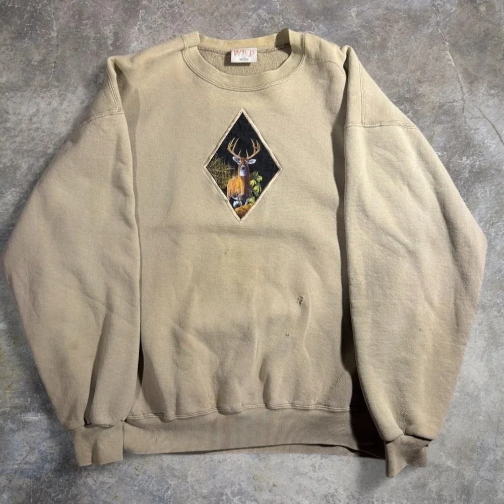Vintage Wild Wear tan deer graphic crewneck sweatshirt Made in USA Size XL